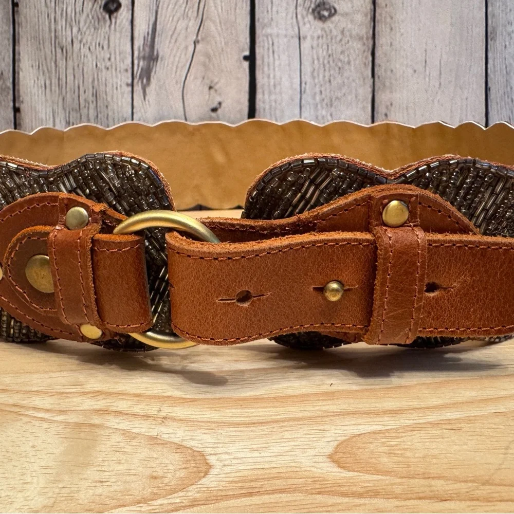 Motif 56 Brown Leather Glass Beaded Scalloped Wide Belt Size Large Statement